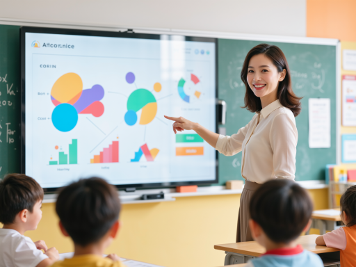 小学生正在操作分数可视化工具，屏幕上显示圆形饼图被分割成不同部分，旁边有分数表达式，孩子正在调整分割比例