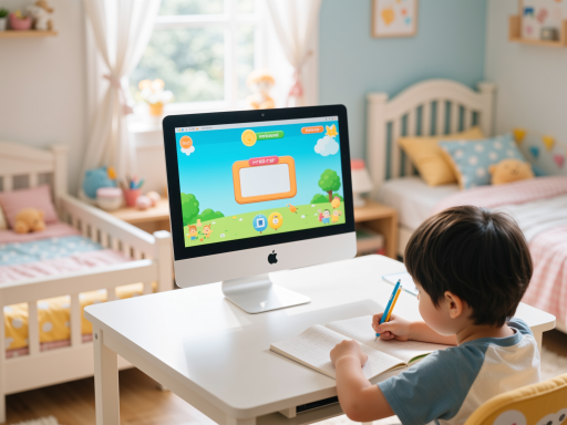 小学生正在操作数字分解探索器界面，屏幕上显示彩色方块组成的数字分解动画效果，孩子专注操作鼠标